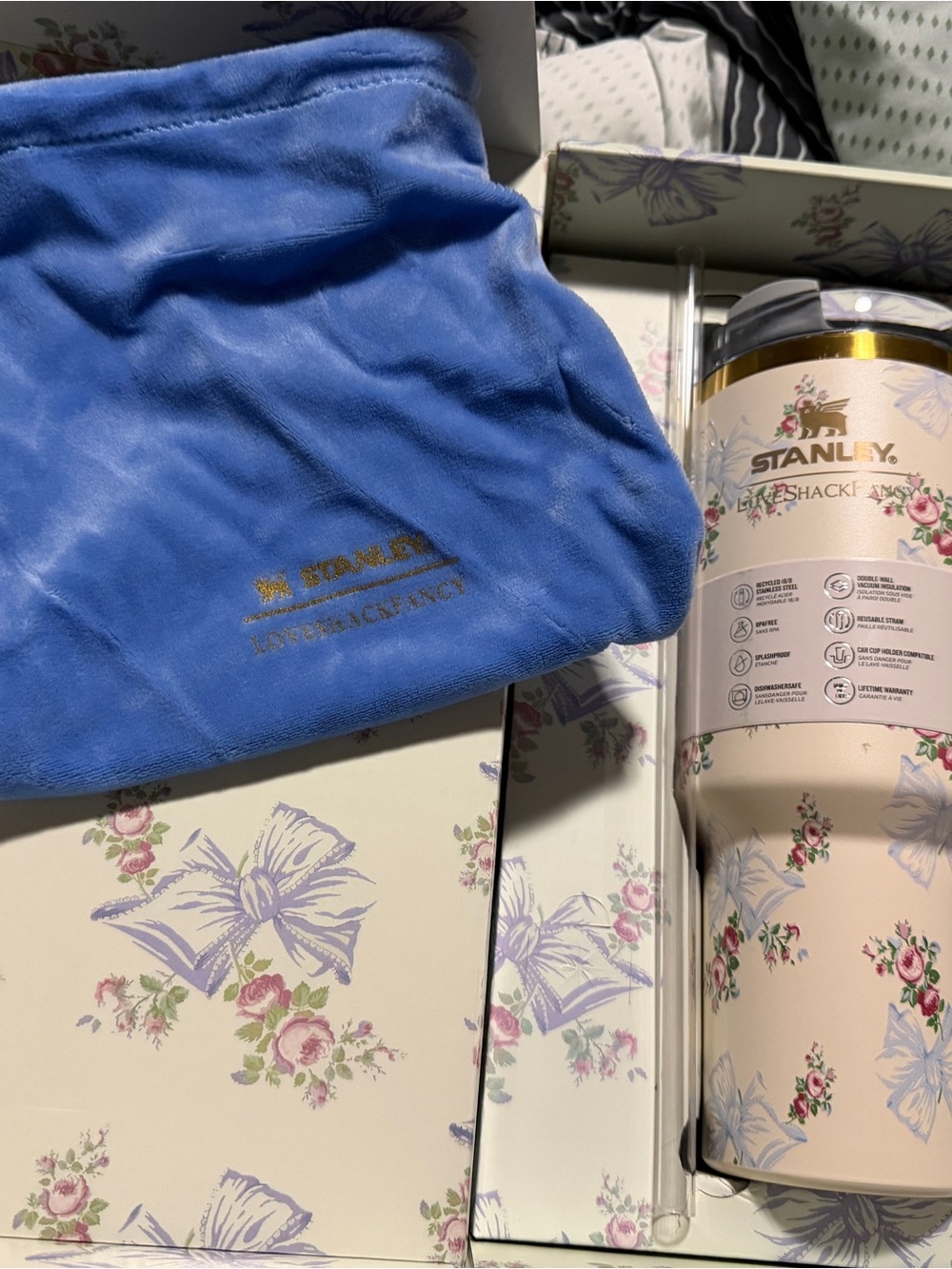 Stanley x LoveShack Floral Vacuum Tumbler with Blue Velvet Pouch